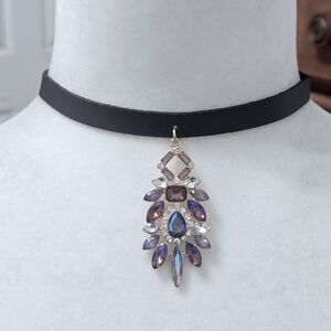 Black Leather  Choker Pendant Necklace